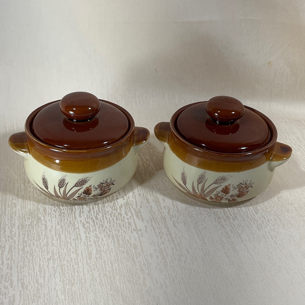 Vintage 1970s Wheat Autumn Harvest Crock Dishes with covers-Set of 2
